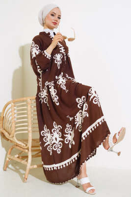 Yarım Düğmeli Desenli Viskon Elbise Kahve - NESSİA