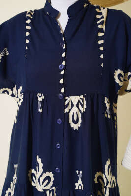 Yarım Düğmeli Desenli Viskon Elbise Lacivert - Tesettür Elbise