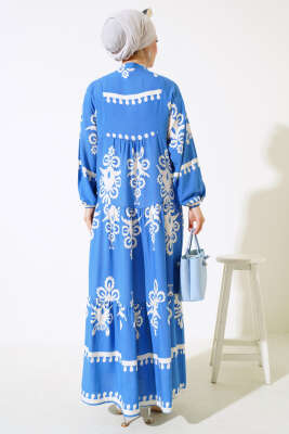 Yarım Düğmeli Desenli Viskon Elbise Mavi - Tesettür Elbise