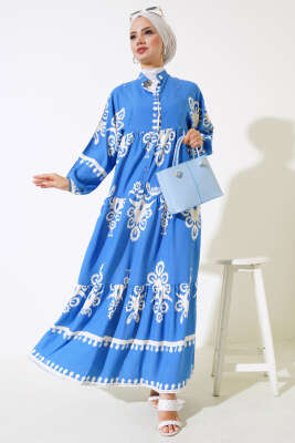 Yarım Düğmeli Desenli Viskon Elbise Mavi - Tesettür Elbise