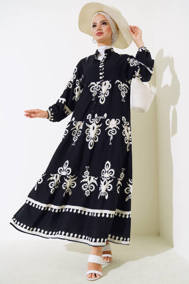 Yarım Düğmeli Desenli Viskon Elbise Siyah - Elbise