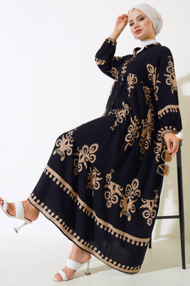 Yarım Düğmeli Desenli Viskon Elbise Siyah Latte - Elbise