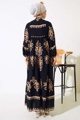 Yarım Düğmeli Desenli Viskon Elbise Siyah Latte - Tesettür Elbise