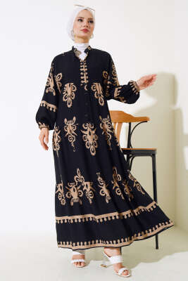 Yarım Düğmeli Desenli Viskon Elbise Siyah Latte - Tesettür Elbise