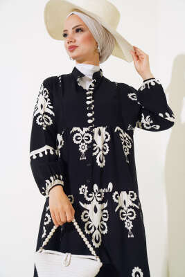 Yarım Düğmeli Desenli Viskon Elbise Siyah - Tesettür Elbise