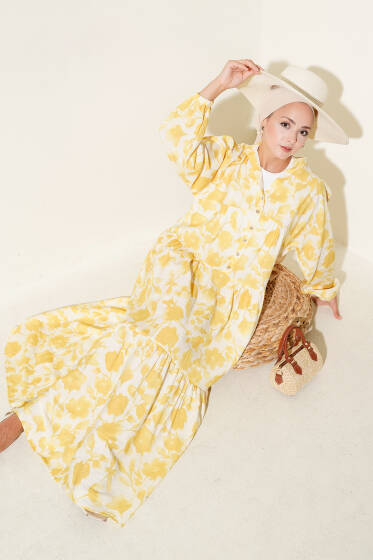 Yarım Düğmeli Ebruli Desen Elbise Sarı - Elbise