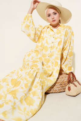 Yarım Düğmeli Ebruli Desen Elbise Sarı - Tesettür Elbise