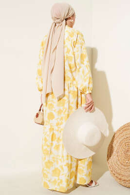 Yarım Düğmeli Ebruli Desen Elbise Sarı - Tesettür Elbise