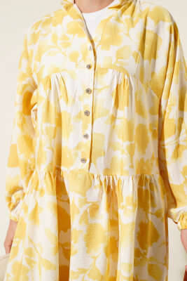 Yarım Düğmeli Ebruli Desen Elbise Sarı - Tesettür Elbise