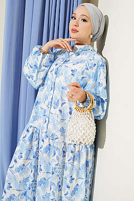 Yarım Düğmeli Ebruli Desenli Elbise Mavi - Elbise