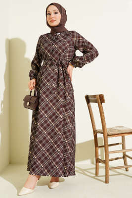 Yarım Düğmeli Ekoseli Kloş Elbise Kahve - BERAT TEKSTİL