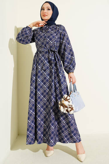 Yarım Düğmeli Ekoseli Kloş Elbise Lacivert - Elbise