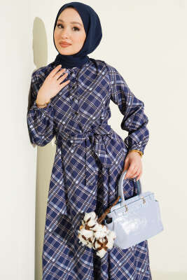 Yarım Düğmeli Ekoseli Kloş Elbise Lacivert - Elbise