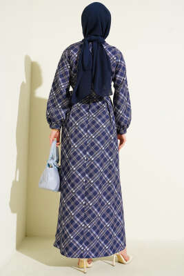 Yarım Düğmeli Ekoseli Kloş Elbise Lacivert - Elbise
