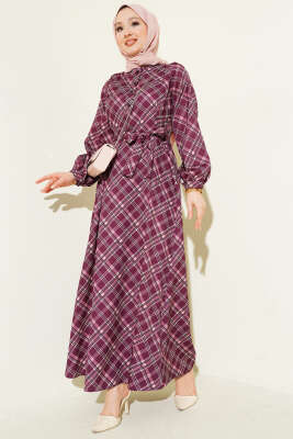 Yarım Düğmeli Ekoseli Kloş Elbise Mürdüm - BERAT TEKSTİL