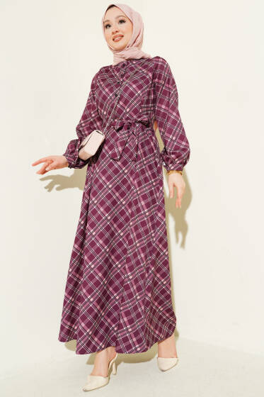 Yarım Düğmeli Ekoseli Kloş Elbise Mürdüm - Elbise