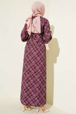 Yarım Düğmeli Ekoseli Kloş Elbise Mürdüm - Elbise