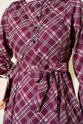 Yarım Düğmeli Ekoseli Kloş Elbise Mürdüm - Elbise