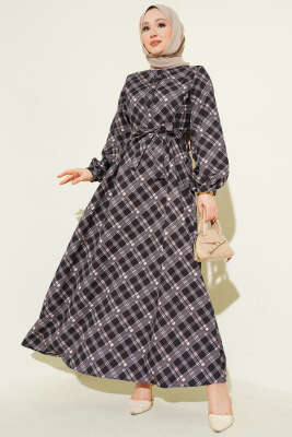 Yarım Düğmeli Ekoseli Kloş Elbise Siyah - BERAT TEKSTİL