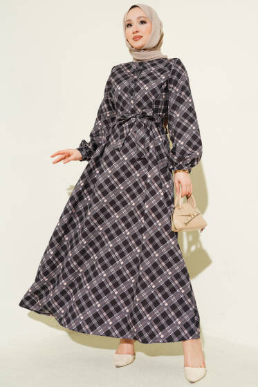Yarım Düğmeli Ekoseli Kloş Elbise Siyah - Elbise