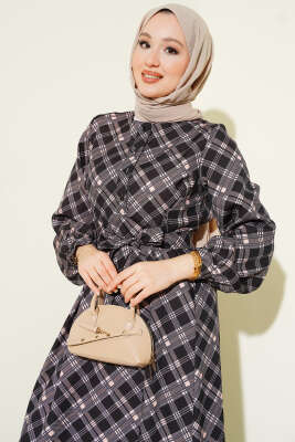 Yarım Düğmeli Ekoseli Kloş Elbise Siyah - Elbise