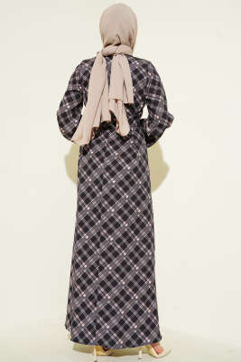 Yarım Düğmeli Ekoseli Kloş Elbise Siyah - Elbise