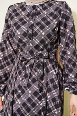 Yarım Düğmeli Ekoseli Kloş Elbise Siyah - Elbise