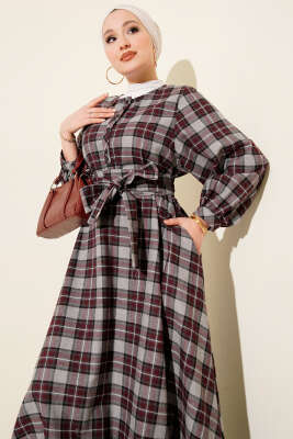 Yarım Düğmeli Ekoseli Kuşaklı Elbise Bordo - Elbise