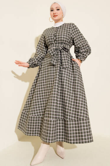 Yarım Düğmeli Ekoseli Kuşaklı Elbise Haki - Elbise