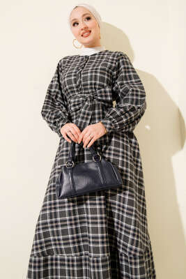 Yarım Düğmeli Ekoseli Kuşaklı Elbise Lacivert - Elbise