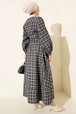 Yarım Düğmeli Ekoseli Kuşaklı Elbise Lacivert - Elbise