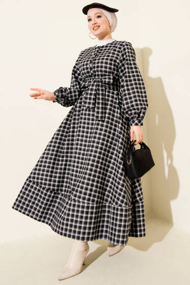 Yarım Düğmeli Ekoseli Kuşaklı Elbise Siyah - Elbise