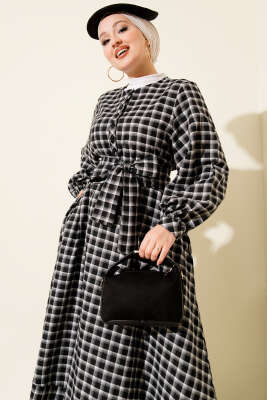 Yarım Düğmeli Ekoseli Kuşaklı Elbise Siyah - Elbise