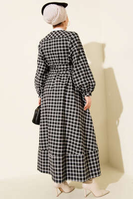 Yarım Düğmeli Ekoseli Kuşaklı Elbise Siyah - Elbise