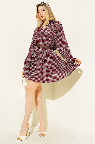 Yarım Düğmeli Ekoseli Pileli Mini Elbise Bordo - Kadın Giyim Modelleri