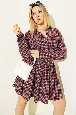 Yarım Düğmeli Ekoseli Pileli Mini Elbise Bordo - Kadın Giyim Modelleri