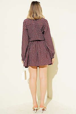 Yarım Düğmeli Ekoseli Pileli Mini Elbise Bordo - Kadın Giyim Modelleri