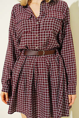 Yarım Düğmeli Ekoseli Pileli Mini Elbise Bordo - Kadın Giyim Modelleri