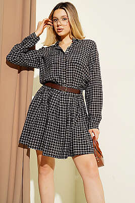 Yarım Düğmeli Ekoseli Pileli Mini Elbise Kahve - Kadın Giyim Modelleri