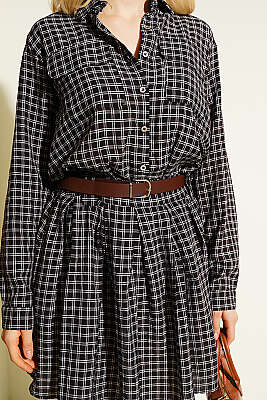 Yarım Düğmeli Ekoseli Pileli Mini Elbise Kahve - Kadın Giyim Modelleri