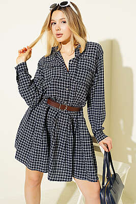 Yarım Düğmeli Ekoseli Pileli Mini Elbise Lacivert - Kadın Giyim Modelleri