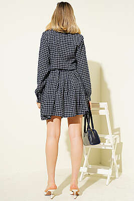 Yarım Düğmeli Ekoseli Pileli Mini Elbise Lacivert - Kadın Giyim Modelleri