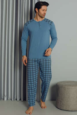 Yarım Düğmeli Ekoseli Uzun Kol Erkek Pijama Takım Mavi - Thumbnail