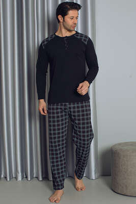 Yarım Düğmeli Ekoseli Uzun Kol Erkek Pijama Takım Siyah - Thumbnail