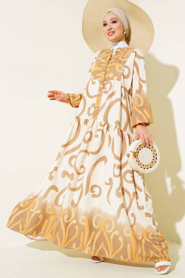 Yarım Düğmeli Etnik Desen Kat Elbise Latte - Elbise