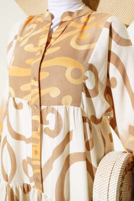 Yarım Düğmeli Etnik Desen Kat Elbise Latte - Tesettür Elbise