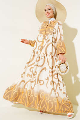 Yarım Düğmeli Etnik Desen Kat Elbise Latte 