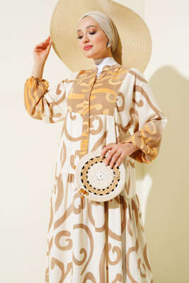 Yarım Düğmeli Etnik Desen Kat Elbise Latte - Tesettür Elbise