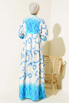 Yarım Düğmeli Etnik Desen Kat Elbise Mavi - Tesettür Elbise