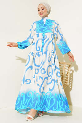 Yarım Düğmeli Etnik Desen Kat Elbise Mavi - Tesettür Elbise